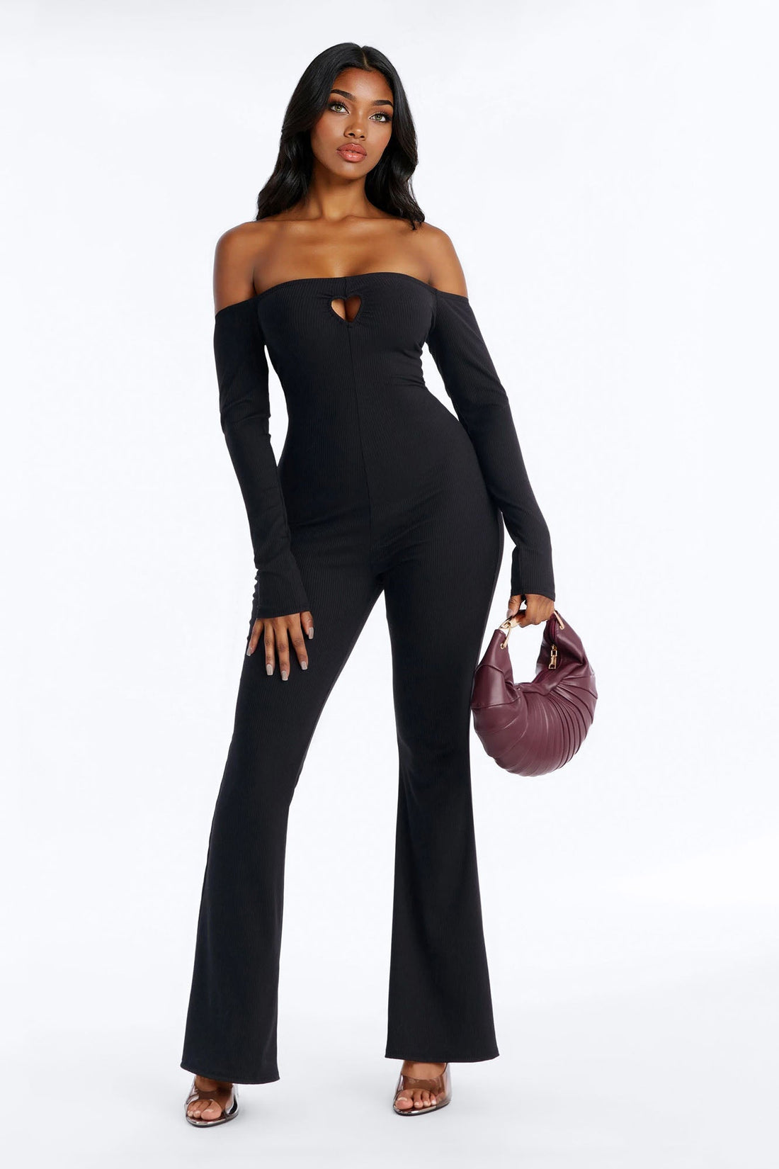So In Love Ribbed Flare Leg Jumpsuit - Black