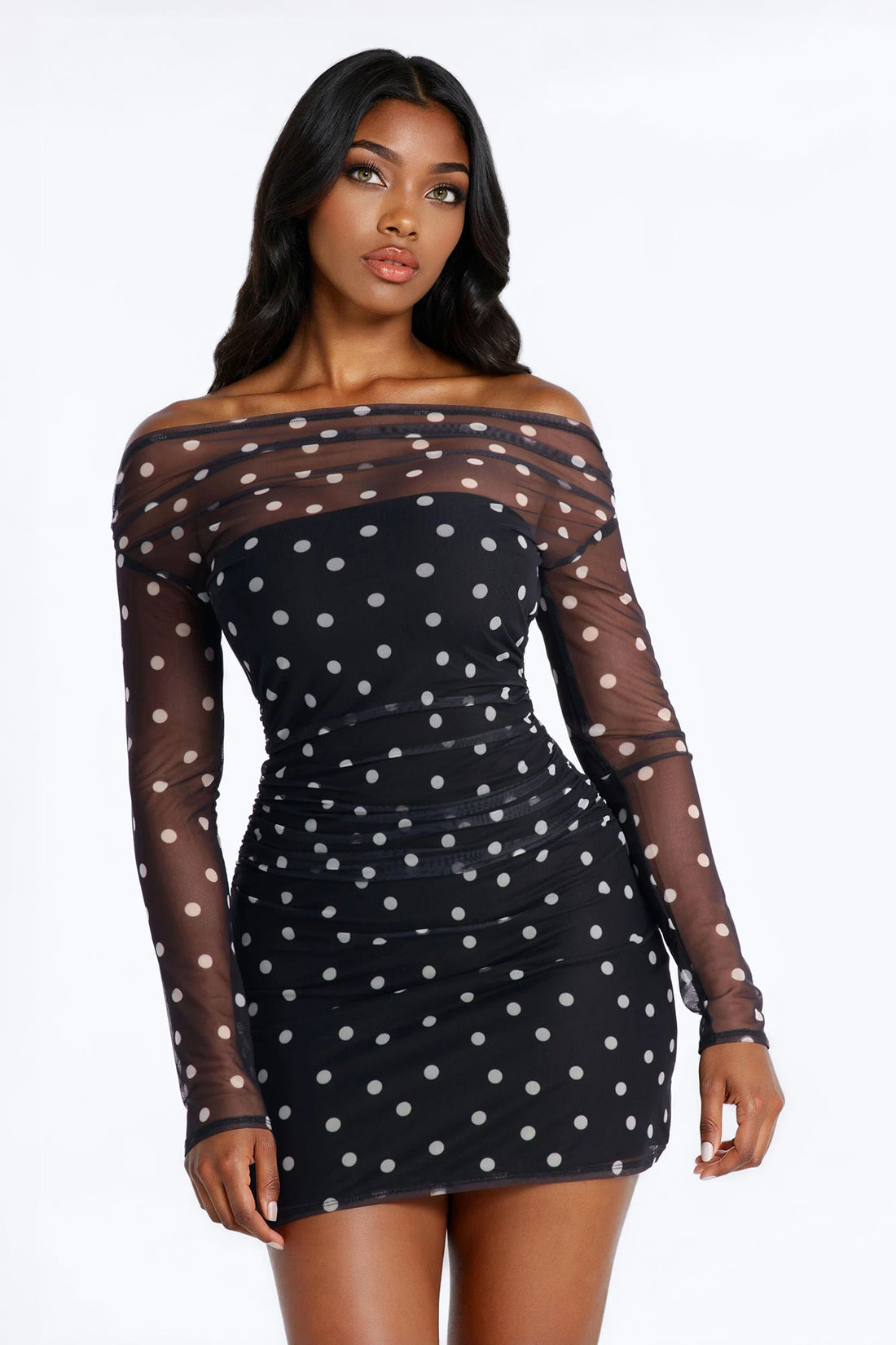 Out And About Polka Dot Mesh Mini Dress - Black/White