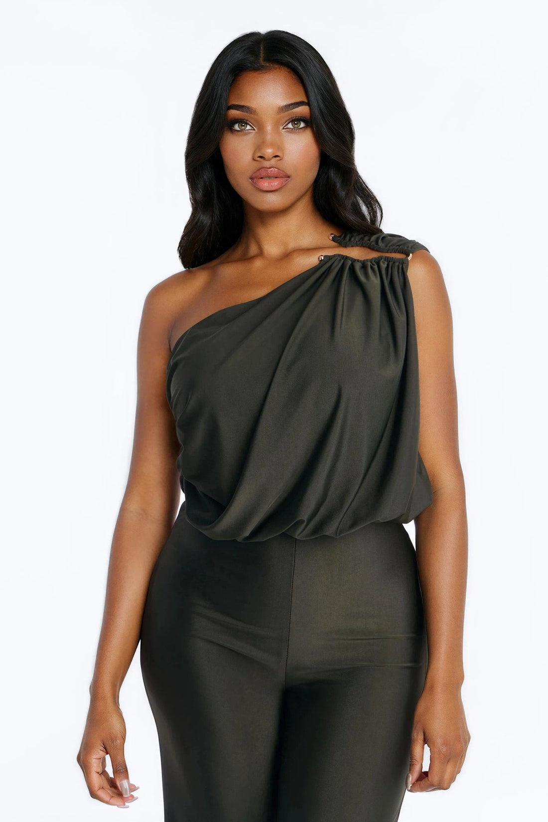 Girls That Brunch One Shoulder Wide Leg Jumpsuit - Hunter