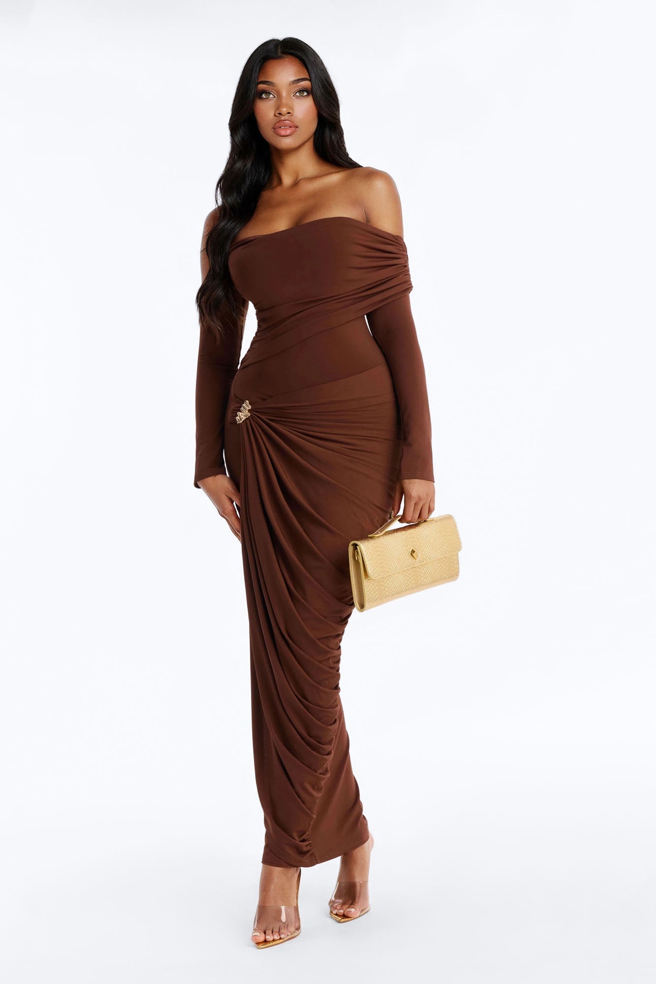 Not Your Type Off Shoulder Maxi Dress - Chocolate