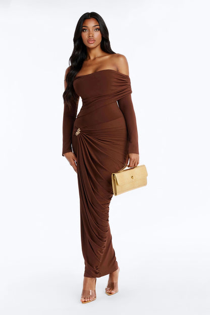 Not Your Type Off Shoulder Maxi Dress - Chocolate