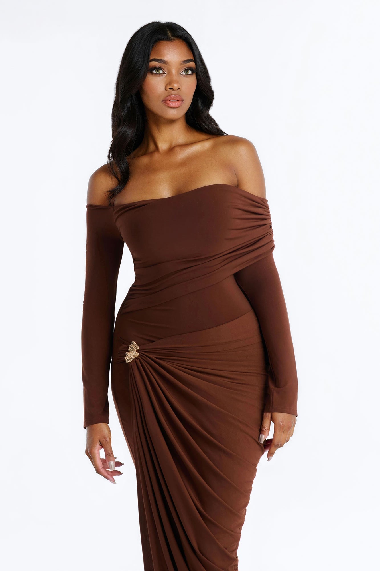 Not Your Type Off Shoulder Maxi Dress - Chocolate