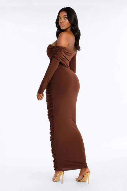 Not Your Type Off Shoulder Maxi Dress - Chocolate