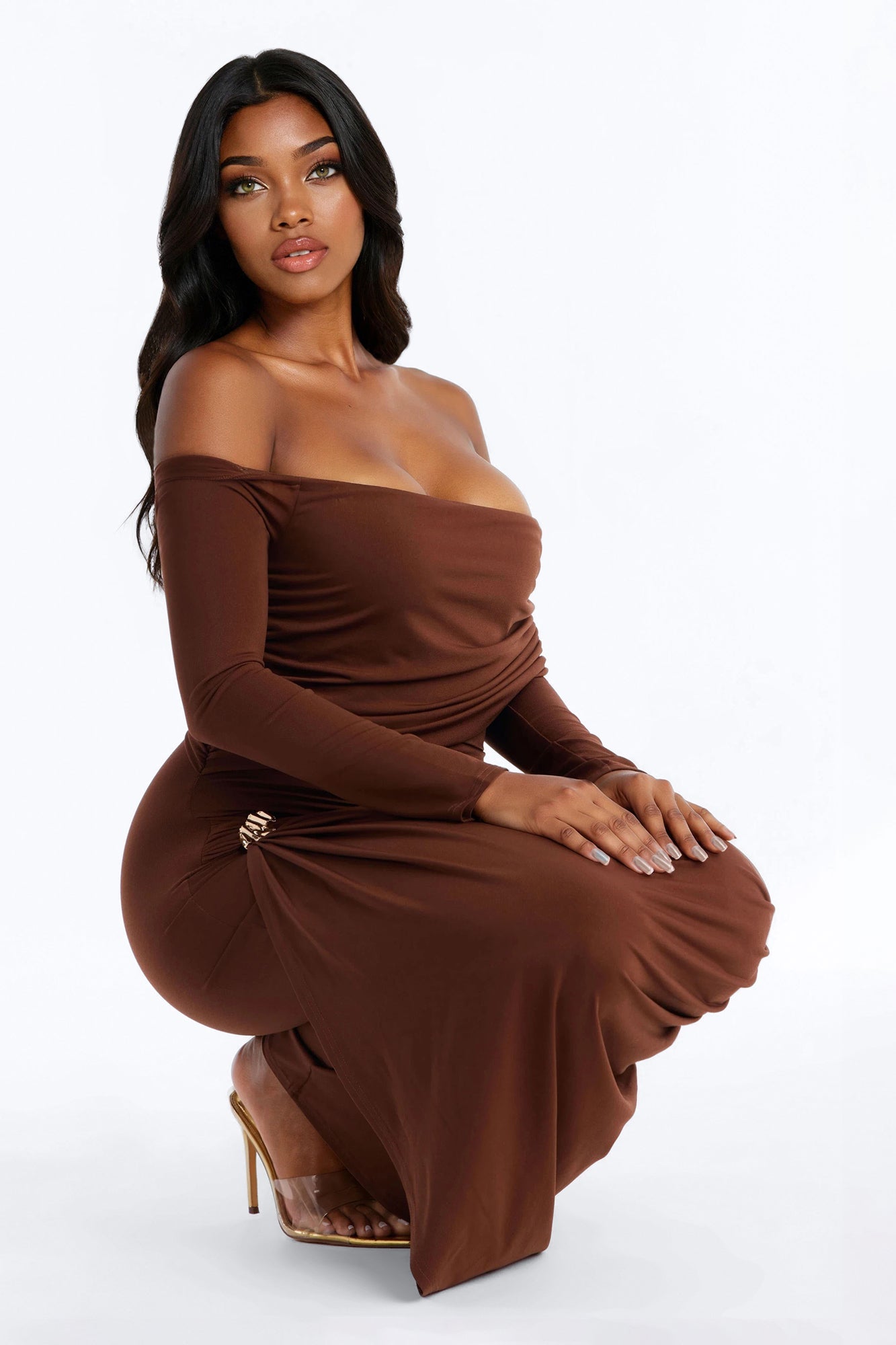 Not Your Type Off Shoulder Maxi Dress - Chocolate