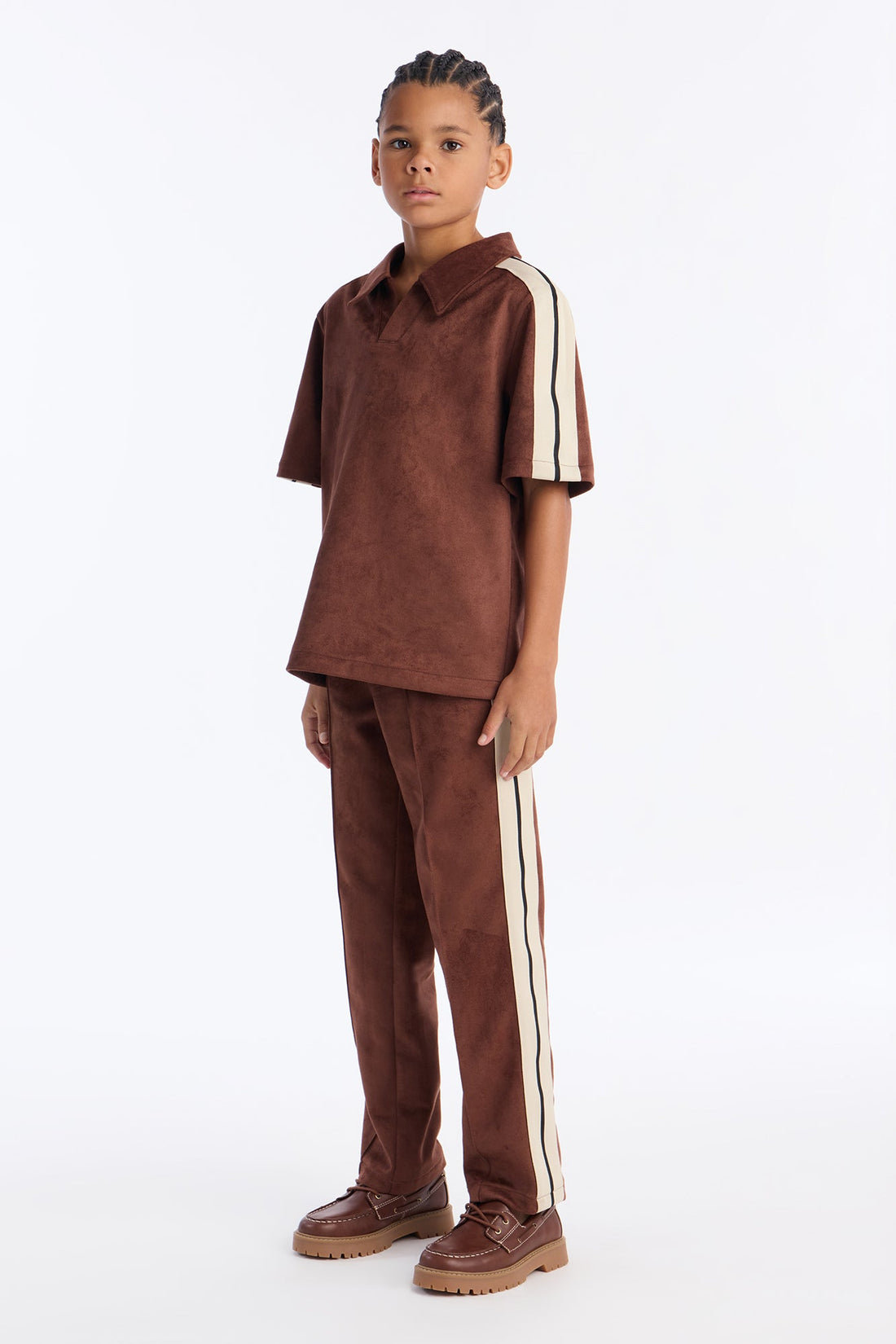 Mini Faux Suede Short Sleeve Johnny Collar Polo - Brown
