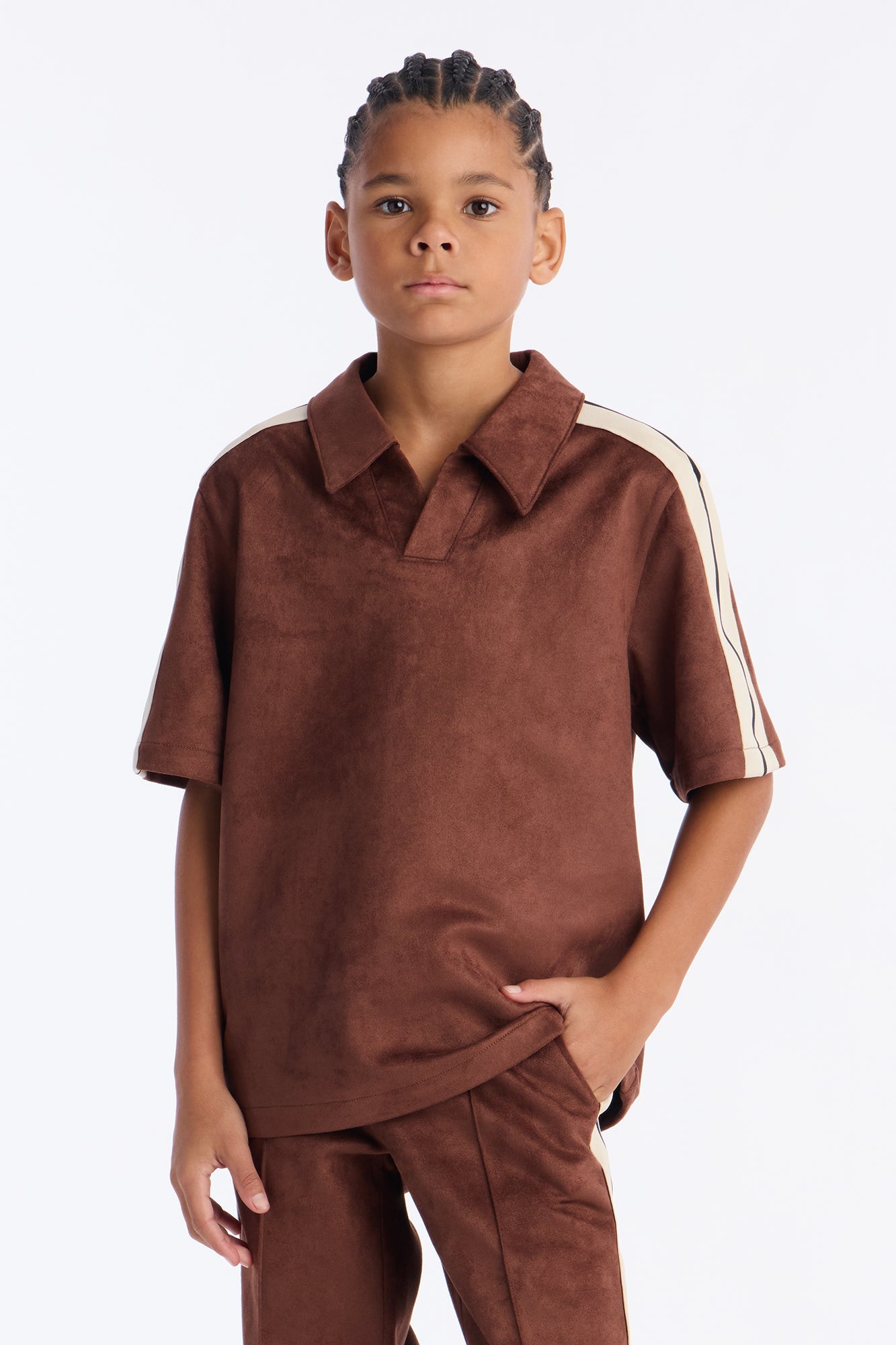 Mini Faux Suede Short Sleeve Johnny Collar Polo - Brown