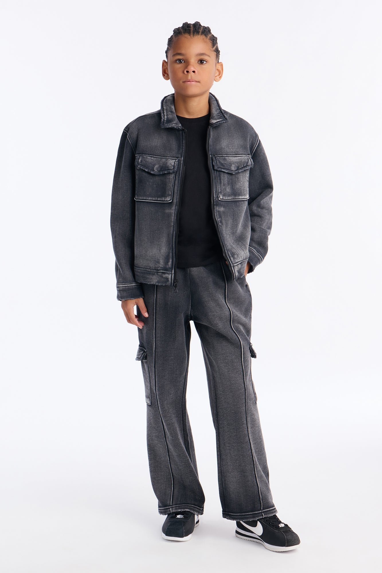 Mini Heavy Wash Baggy Fleece Cargo Pants - Black Wash