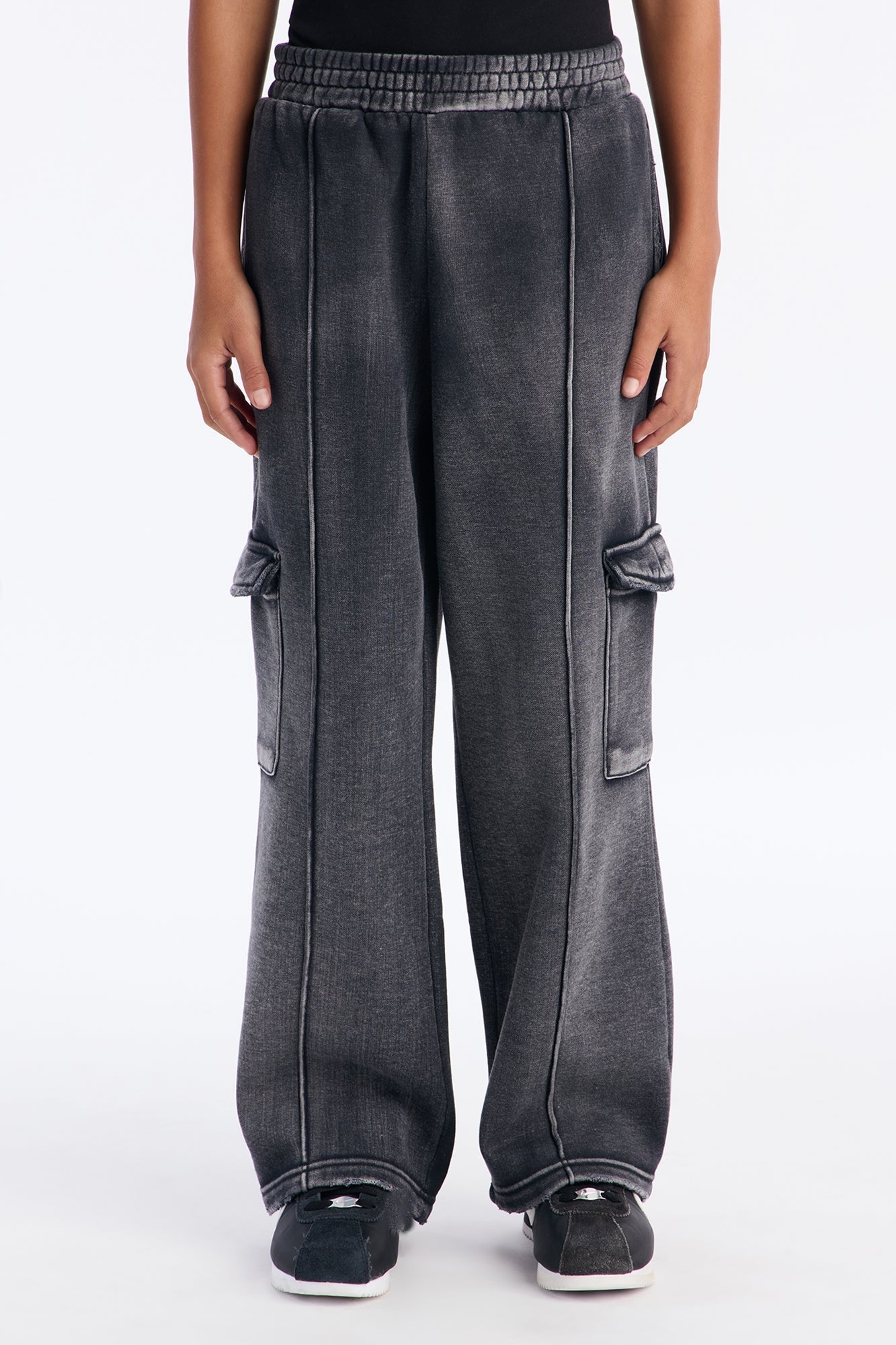 Mini Heavy Wash Baggy Fleece Cargo Pants - Black Wash
