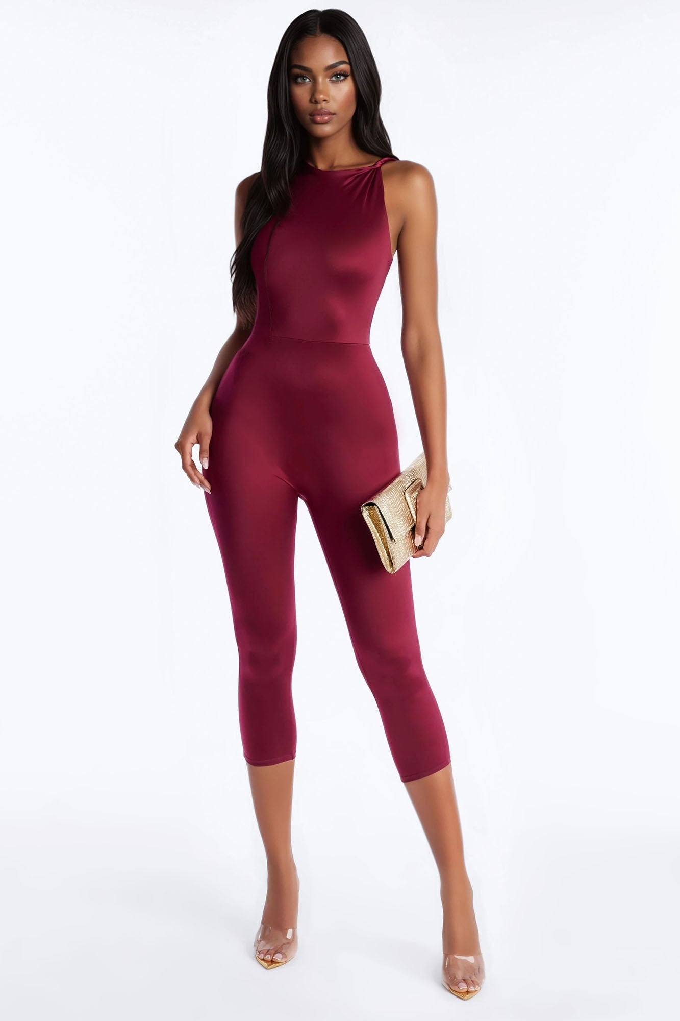 Hana High Neck Capri Catsuit - Red