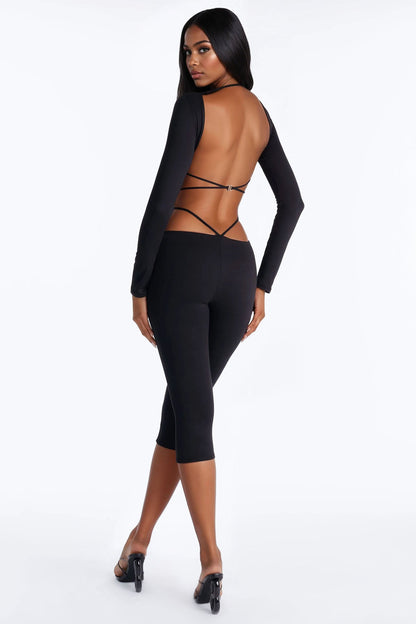 Valerie Doubled Lined Backless Capri Jumpsuit - Black
