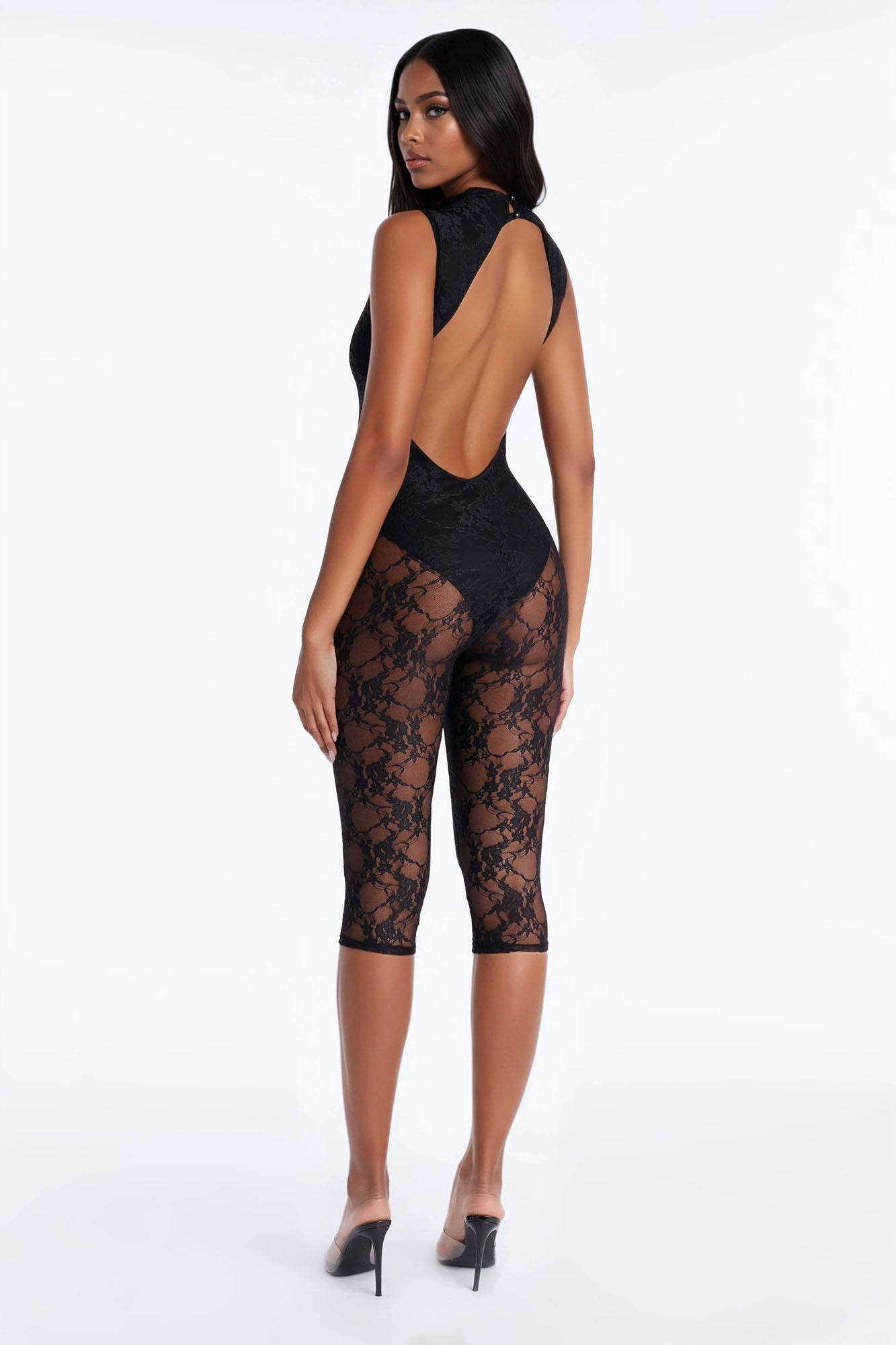 Miley Backless Lace Capri Catsuit - Black