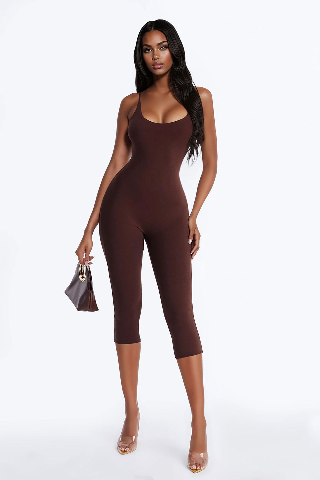 Kaya Double Lined Jersey Capri Catsuit - Chocolate