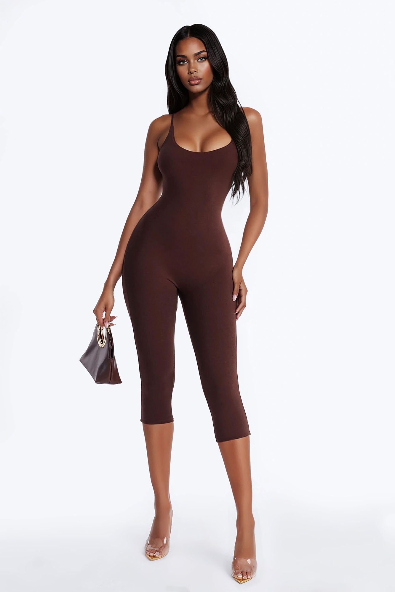 Kaya Double Lined Jersey Capri Catsuit - Chocolate