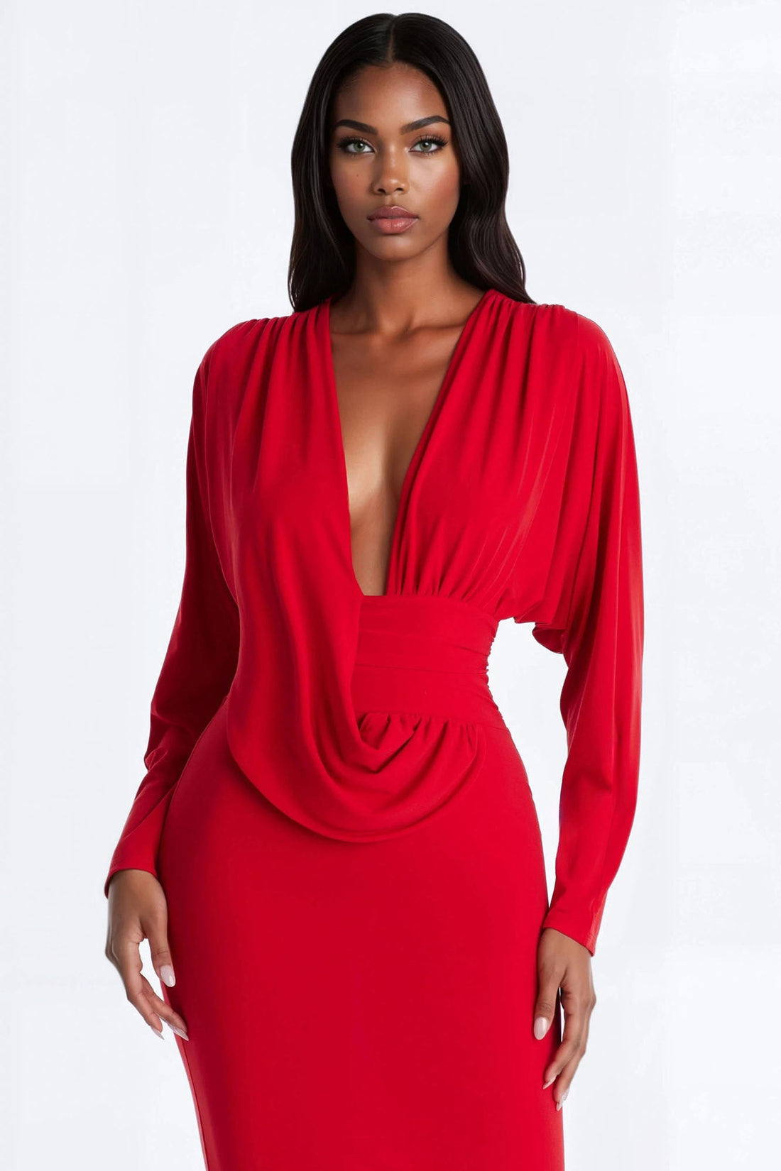 Kathleen Ruched Draped Maxi Dress - Red