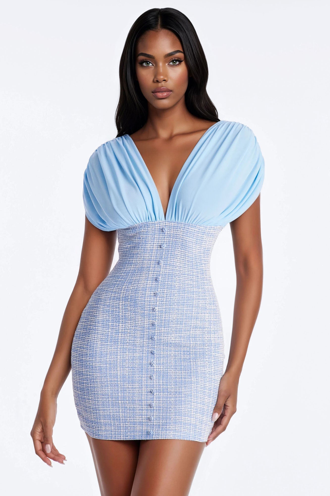 Coraline Short Sleeve Tweed Mini Dress - Blue