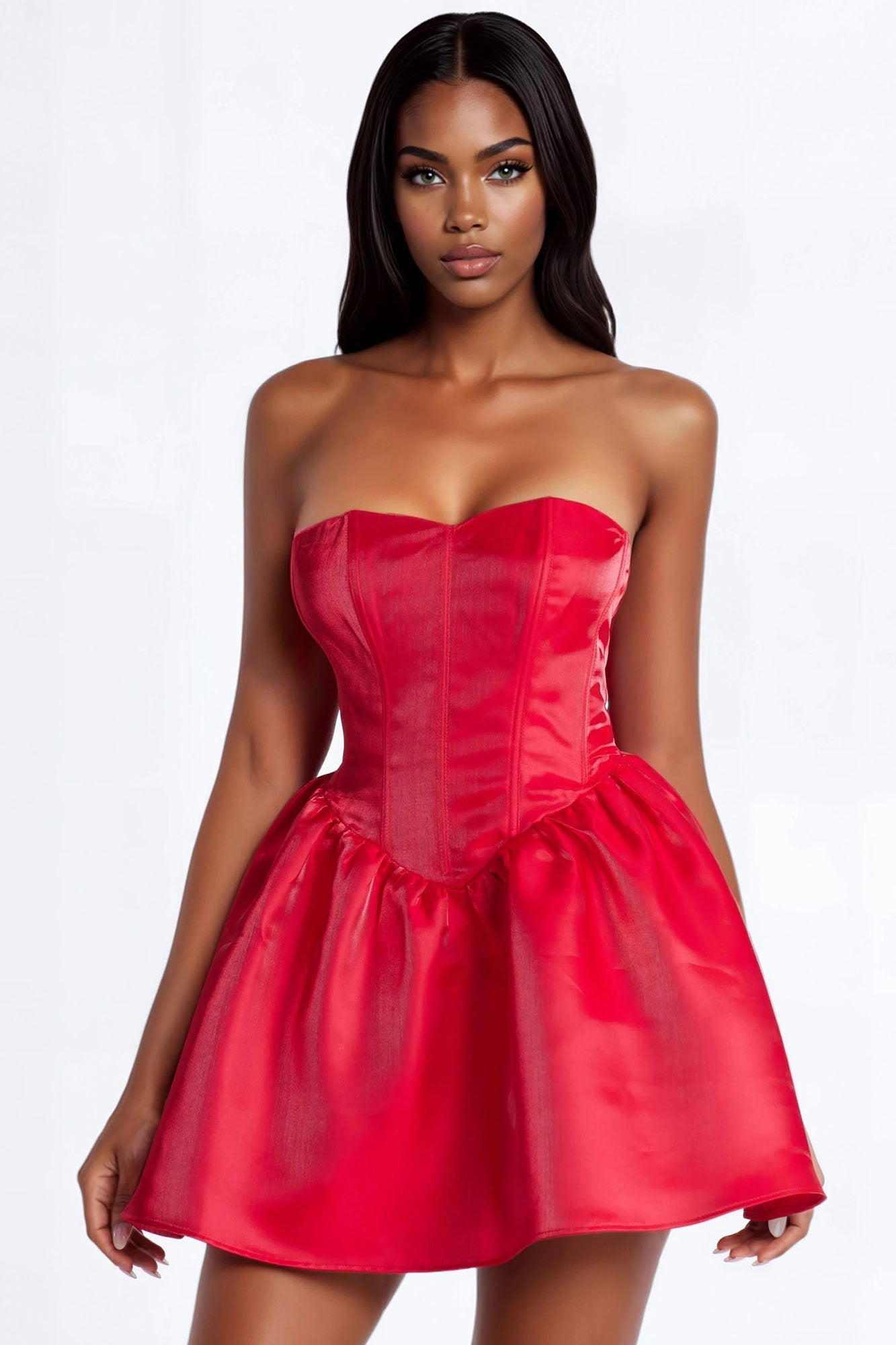 Amora Strapless Organza Mini Dress - Red