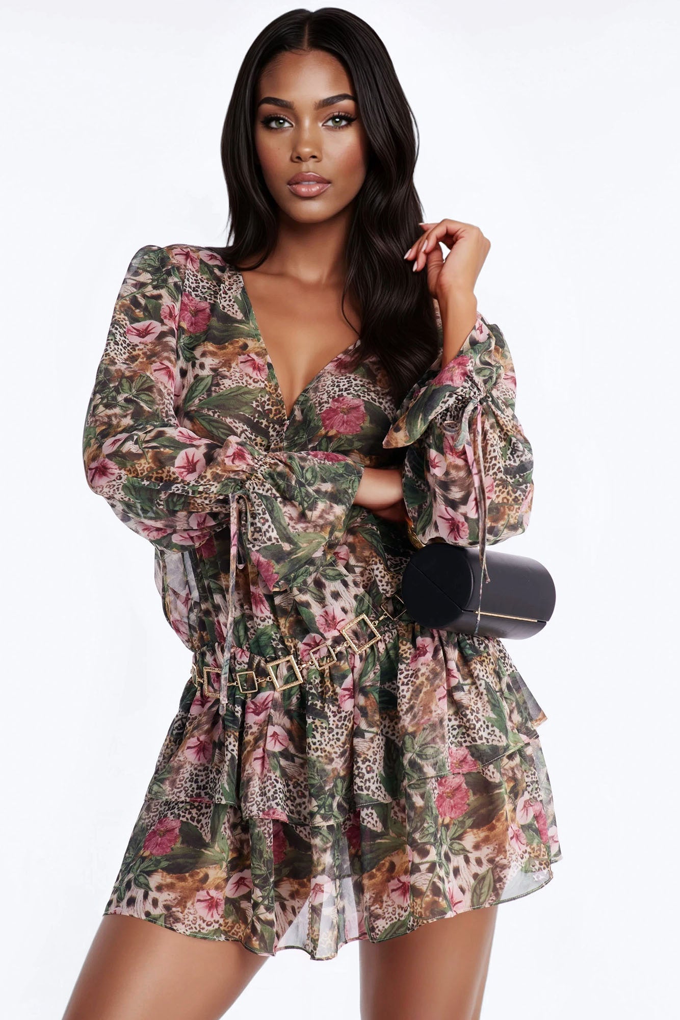 Davina Belted Chiffon Mini Dress - Olive/combo
