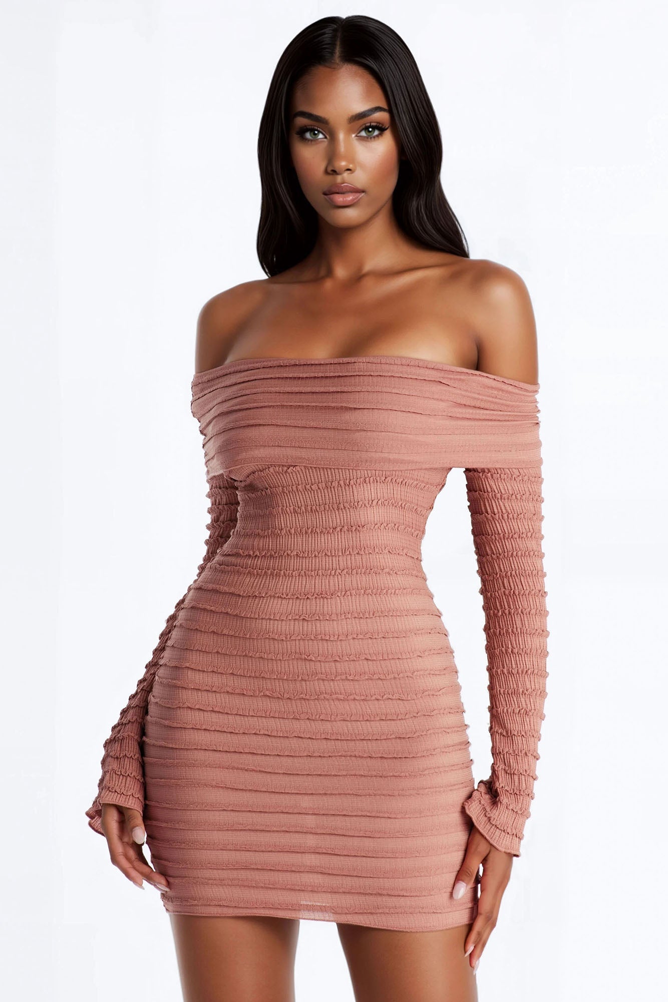 Elsie One Shoulder Textured Mini Dress - Mocha