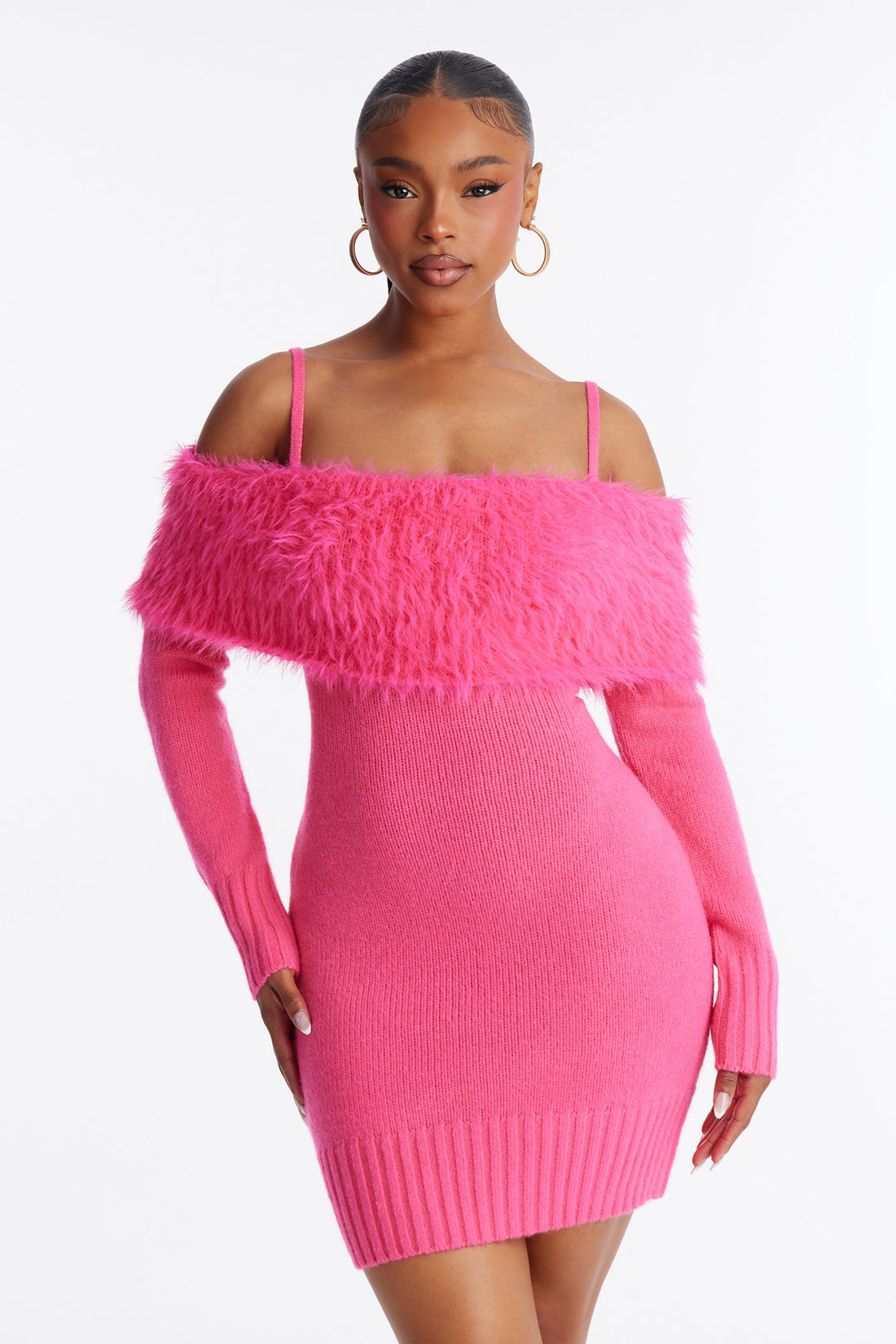 Adley Fur Trim Sweater Mini Dress - Hot Pink