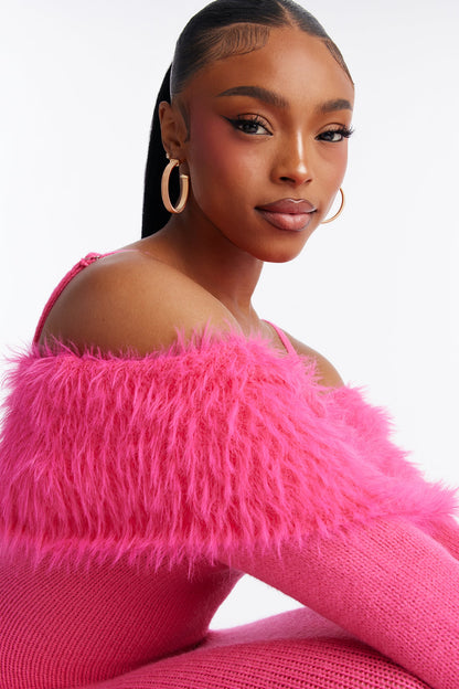 Adley Fur Trim Sweater Mini Dress - Hot Pink