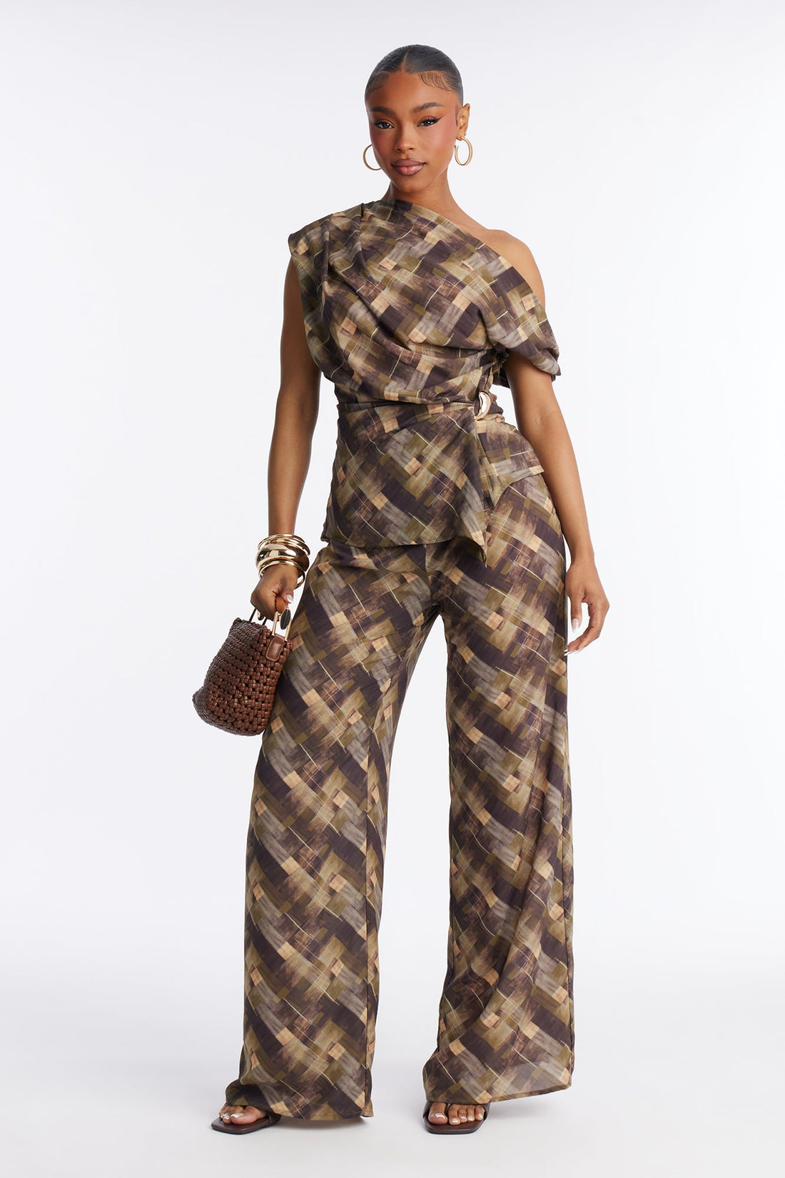 Najia Off Shoulder Pant Set - Olive/combo