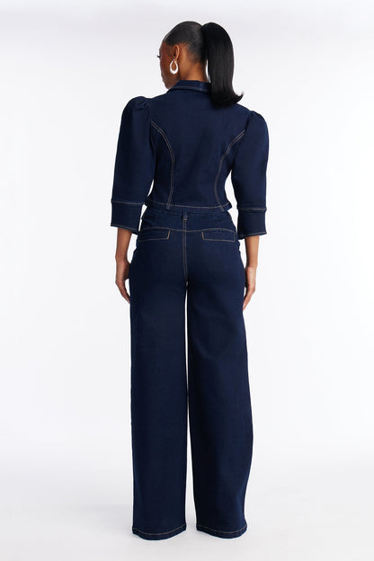 Riley Puff Sleeve Denim Pant Set - Dark Denim