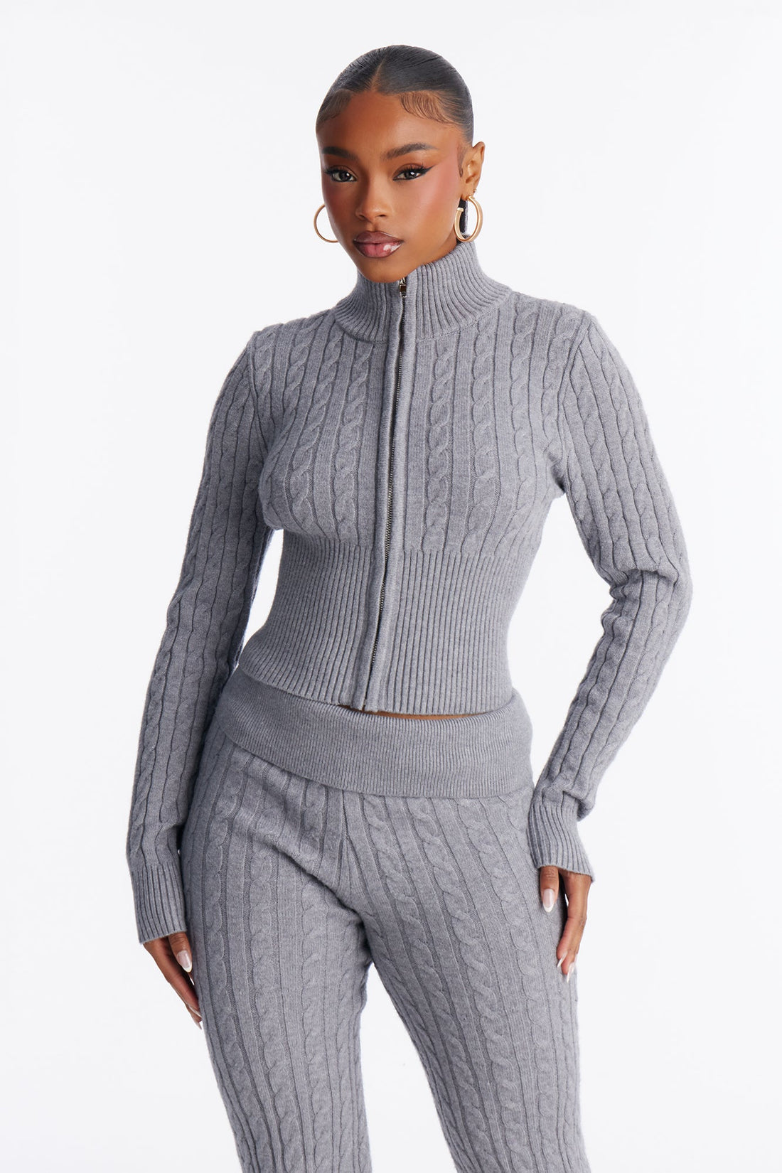 Caroline Mock Neck Cable Sweater Pant Set - Heather Grey