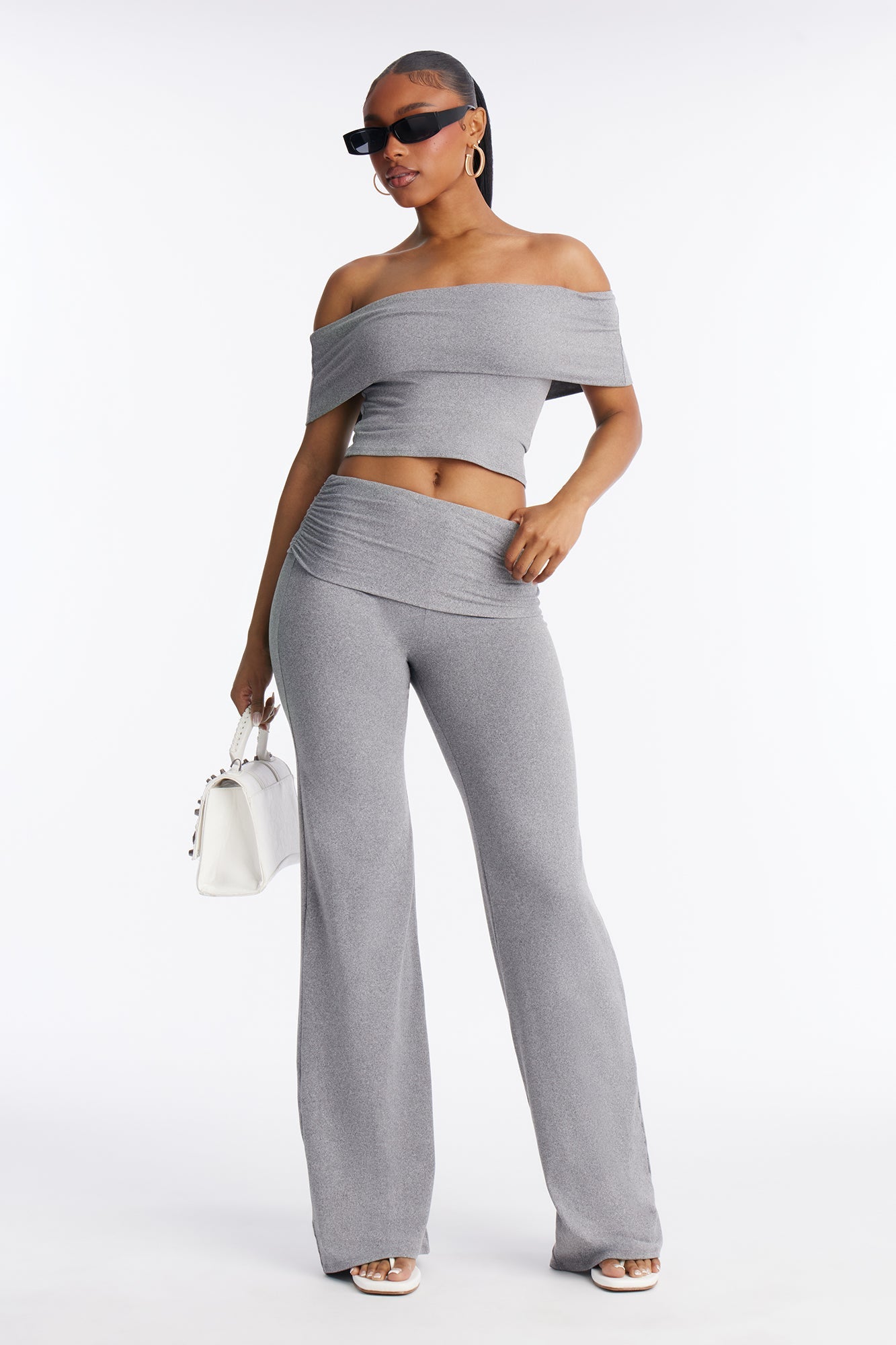 Mila Off Shoulder Pant Set - Heather Grey