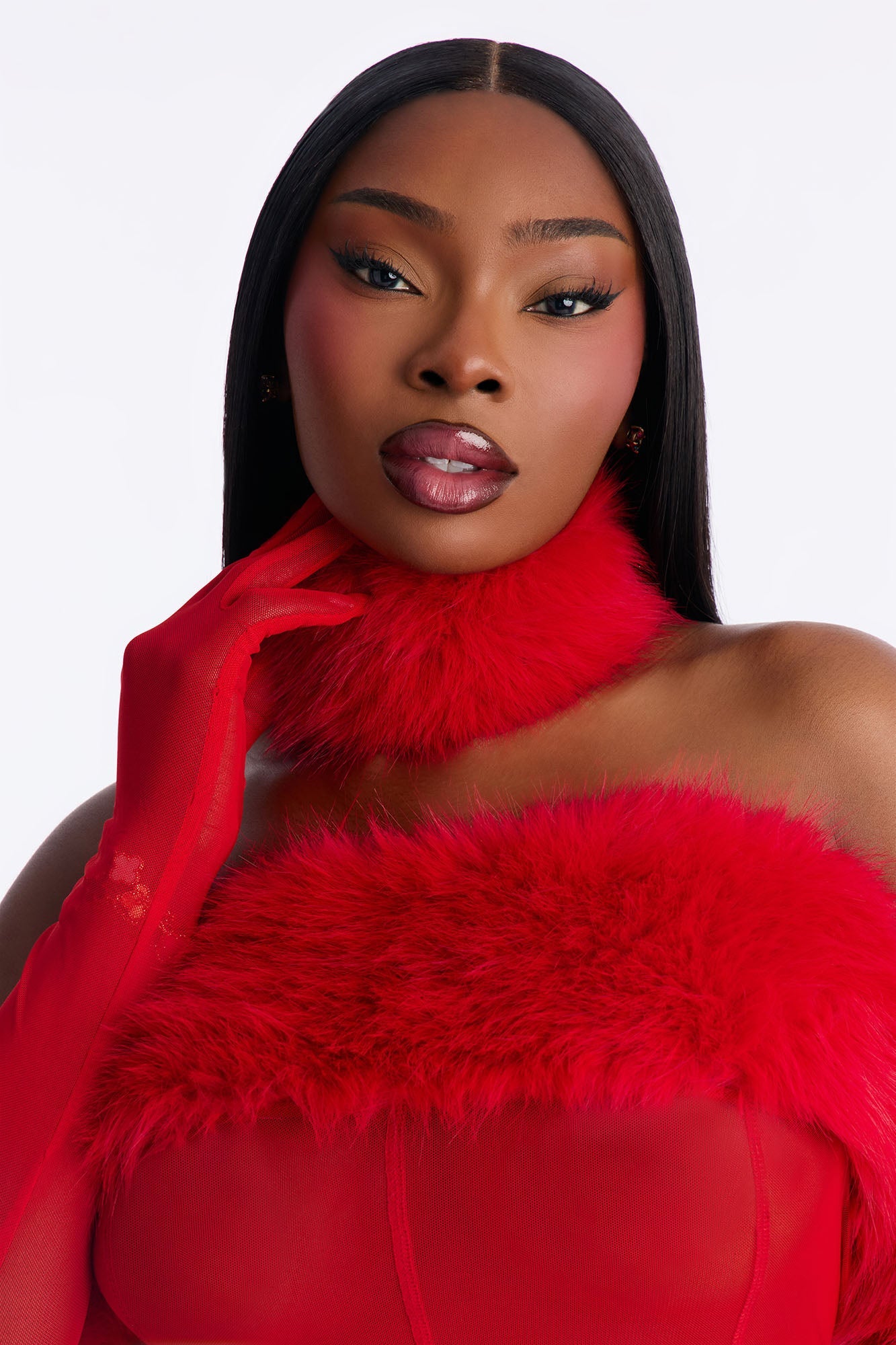 Plush Provocateur Mesh Faux Fur Chemise Dress With Gloves - Red