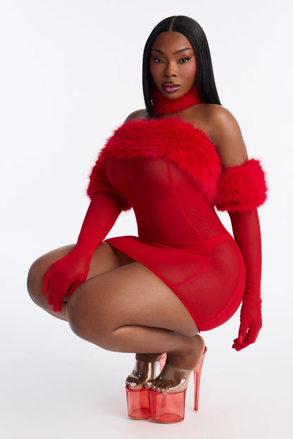 Plush Provocateur Mesh Faux Fur Chemise Dress With Gloves - Red