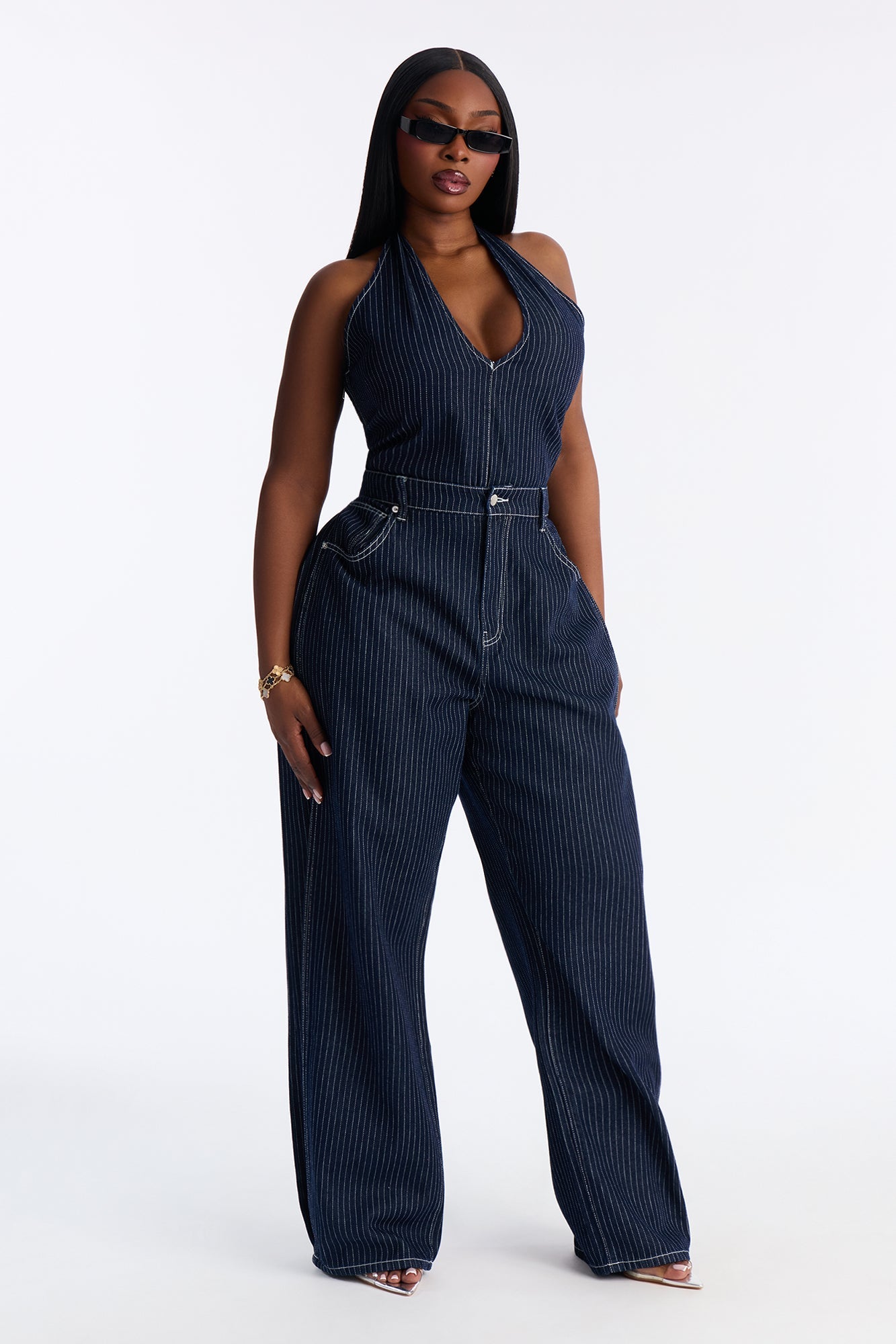 Fine Lines Pinstripe Pant Set - Dark Wash