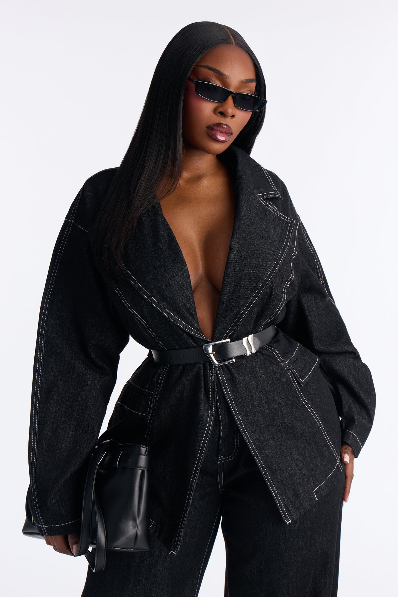 Power Stitched Belted Denim Pant Set - Dark Denim