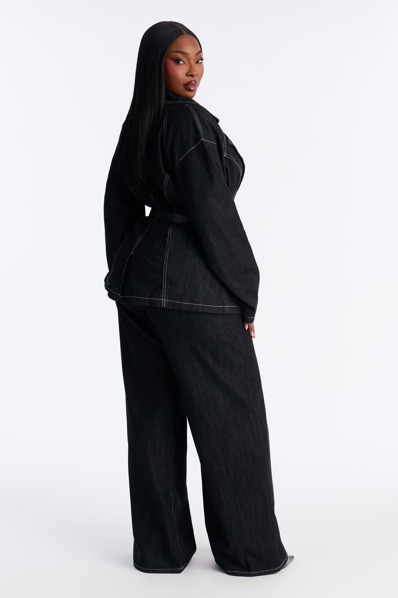 Power Stitched Belted Denim Pant Set - Dark Denim