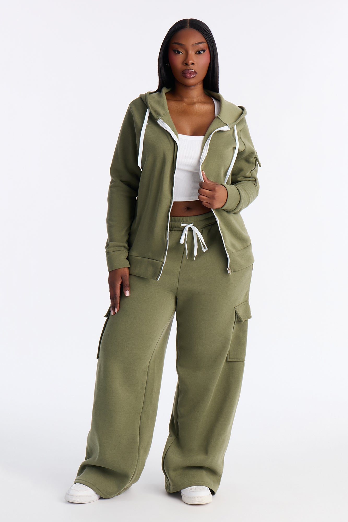 On The Run Cargo Fleece Pant Set - Olive