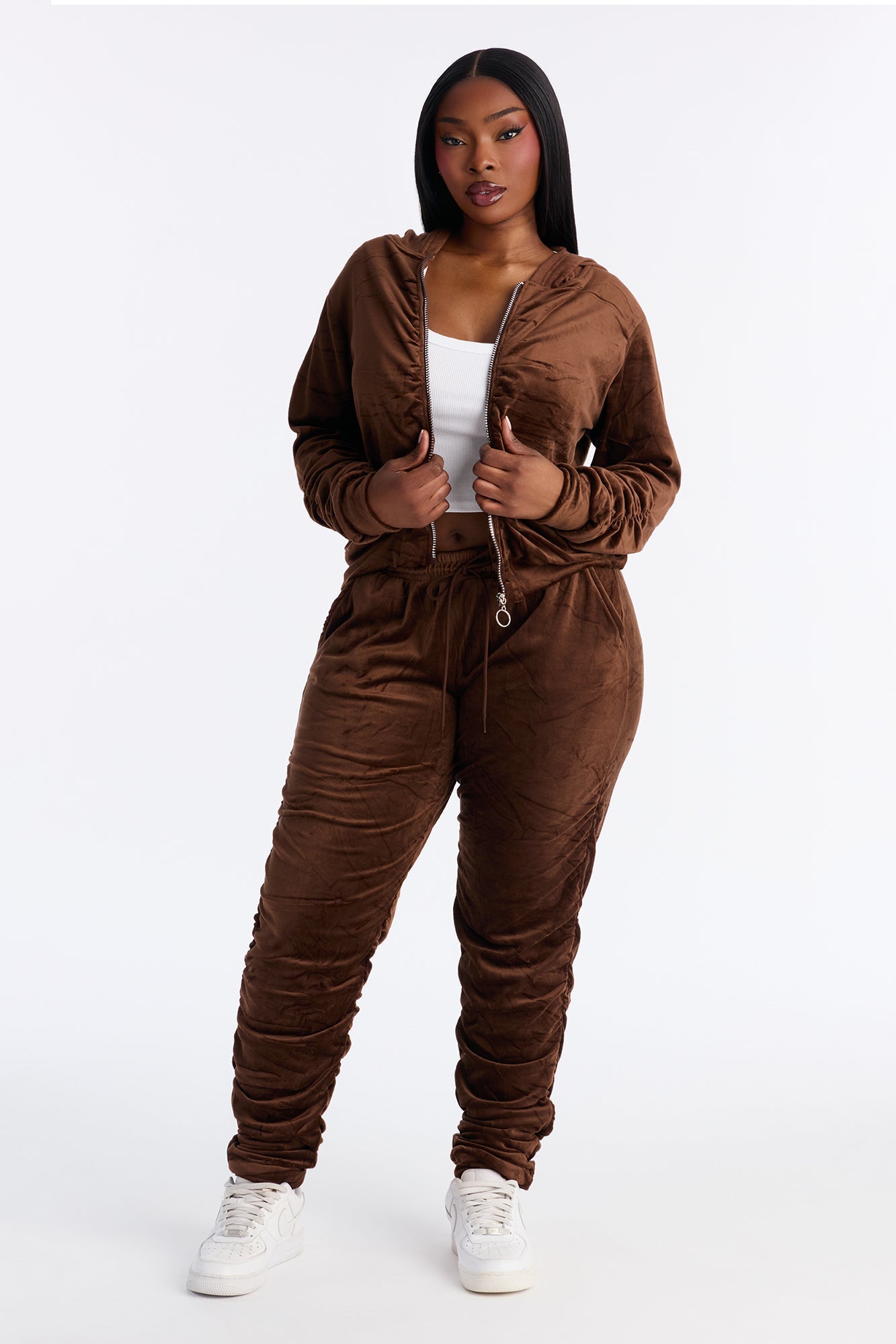 Soft Girl Energy Ruched Velour Jogger Set - Brown