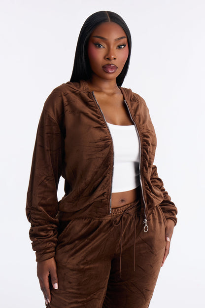 Soft Girl Energy Ruched Velour Jogger Set - Brown