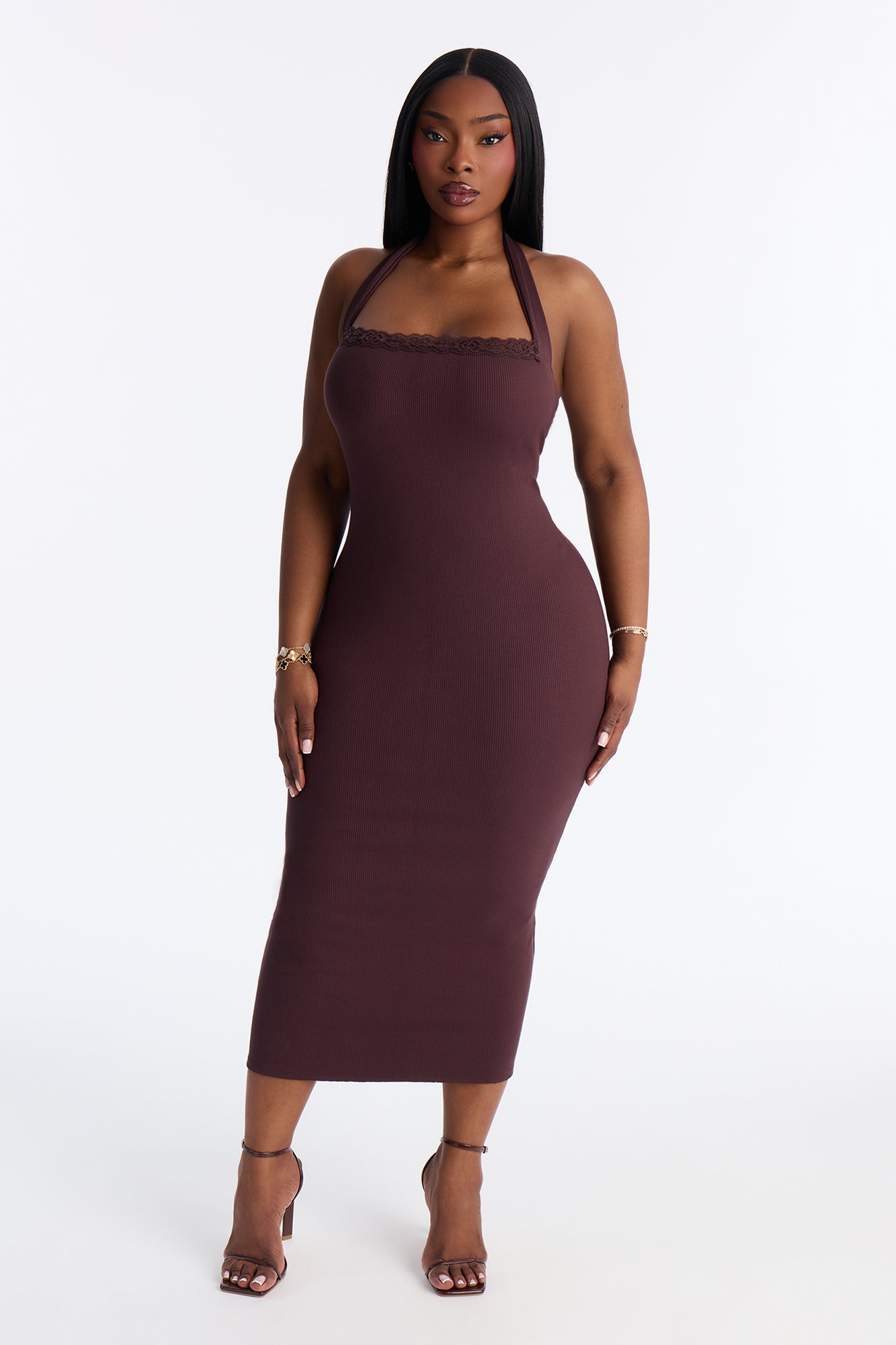 Mallory Halter Snatched Midi Dress - Chocolate