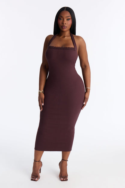 Mallory Halter Snatched Midi Dress - Chocolate