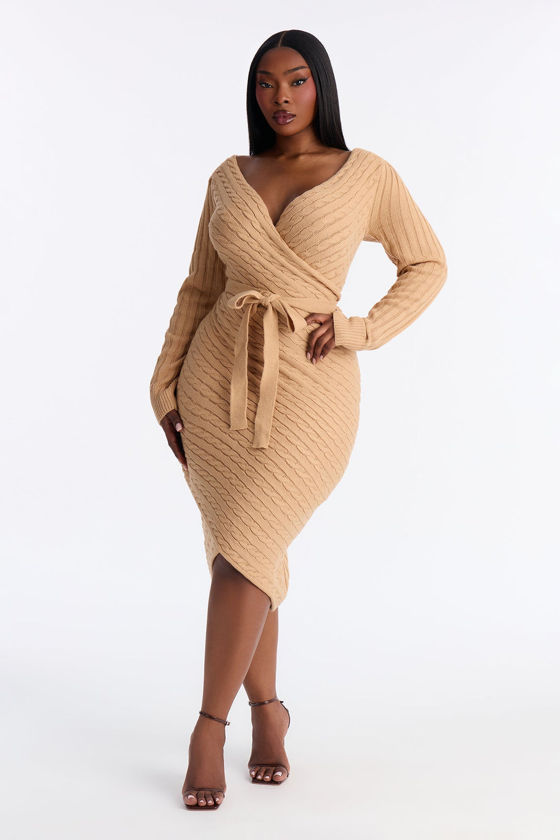 Whitley Tie Front Sweater Midi Dress - Taupe