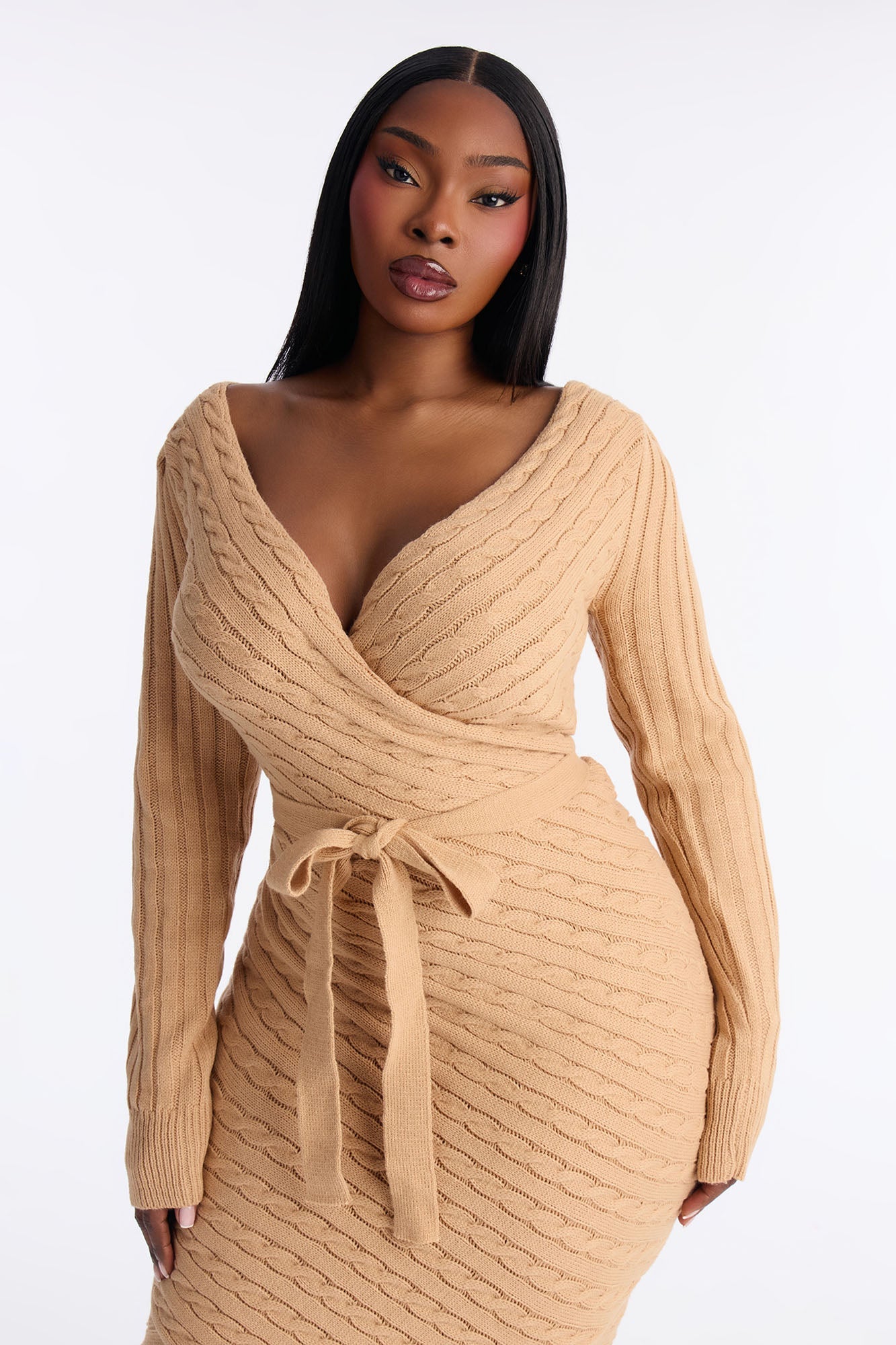 Whitley Tie Front Sweater Midi Dress - Taupe