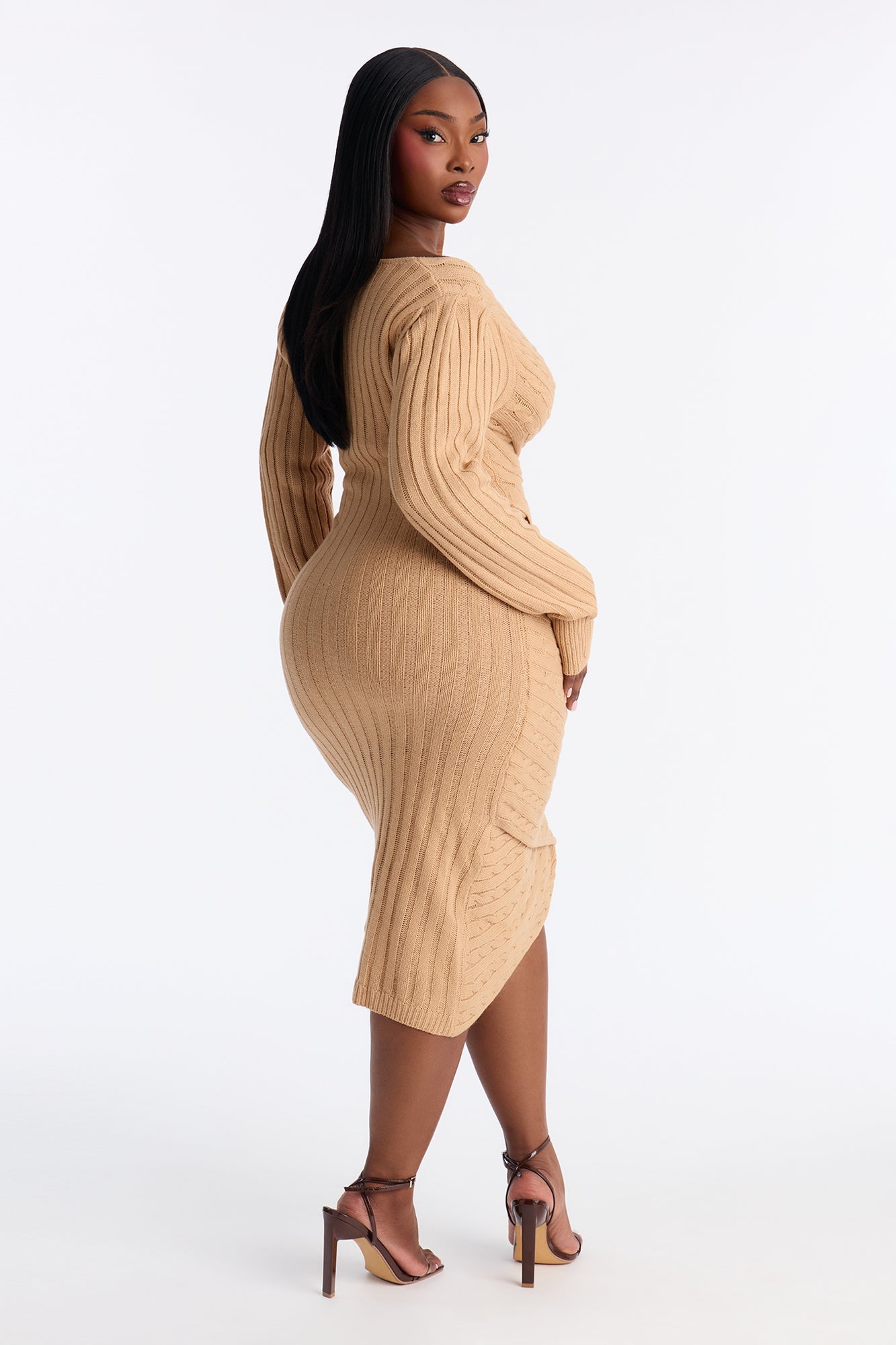 Whitley Tie Front Sweater Midi Dress - Taupe