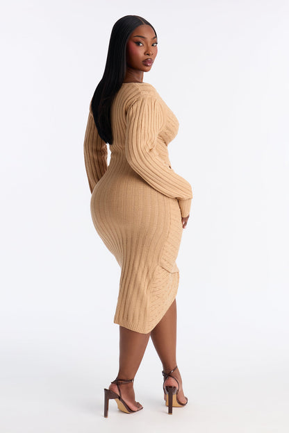 Whitley Tie Front Sweater Midi Dress - Taupe