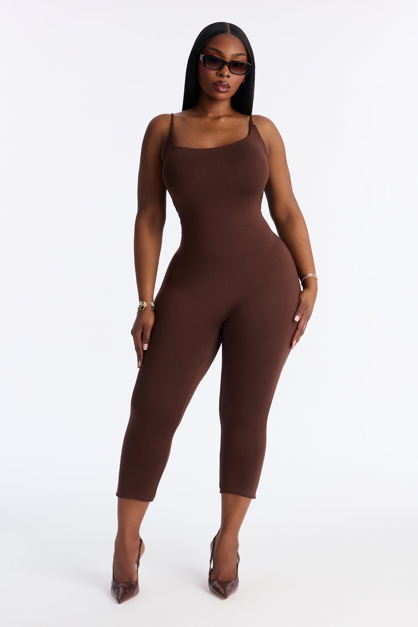 Kaya Double Lined Jersey Capri Catsuit - Chocolate