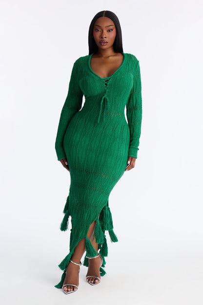Feyre Fringe Trim Sweater Maxi Dress - Kelly Green
