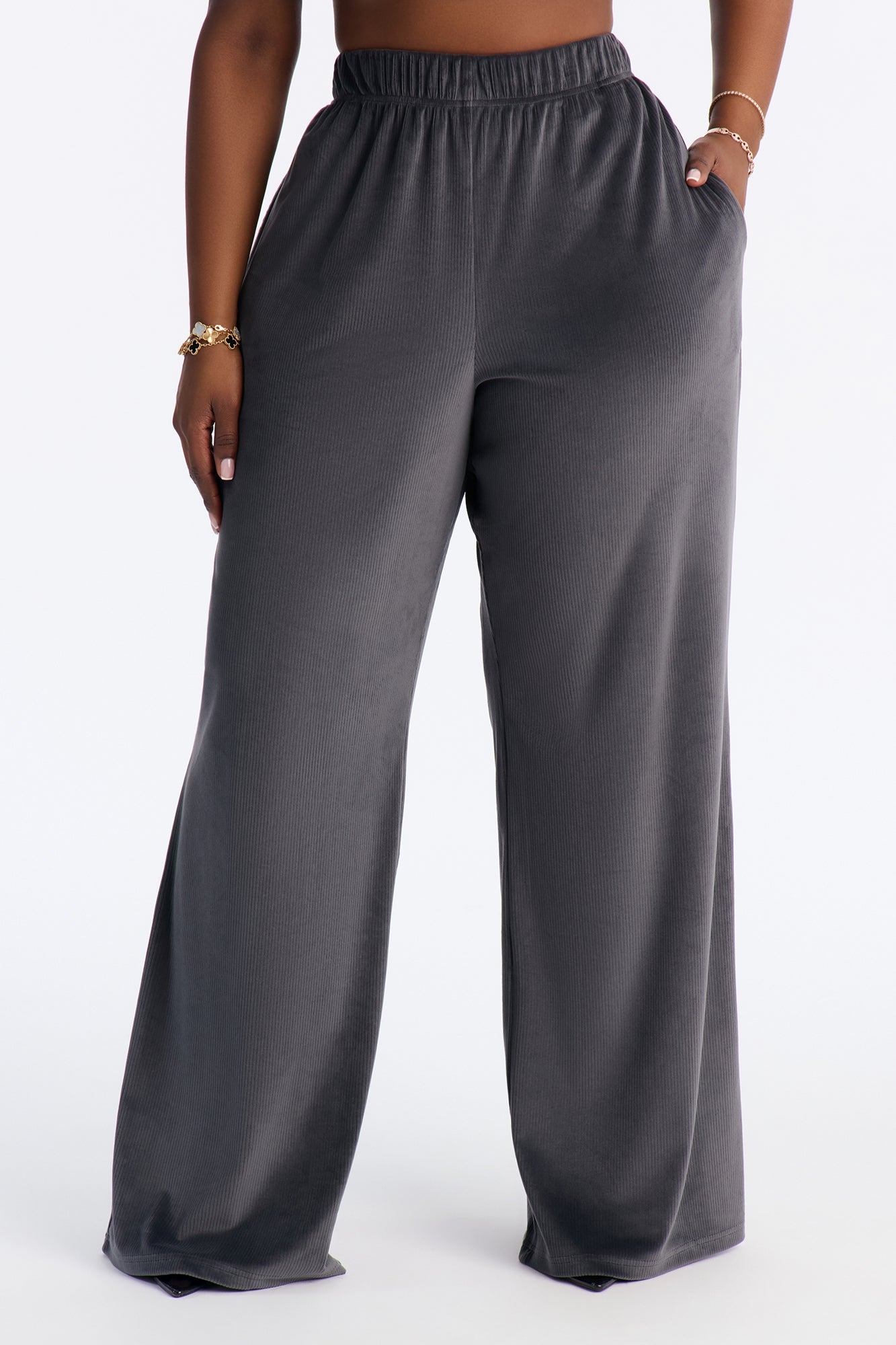 Vicky Ribbed Wide Leg Pants - Charcoal