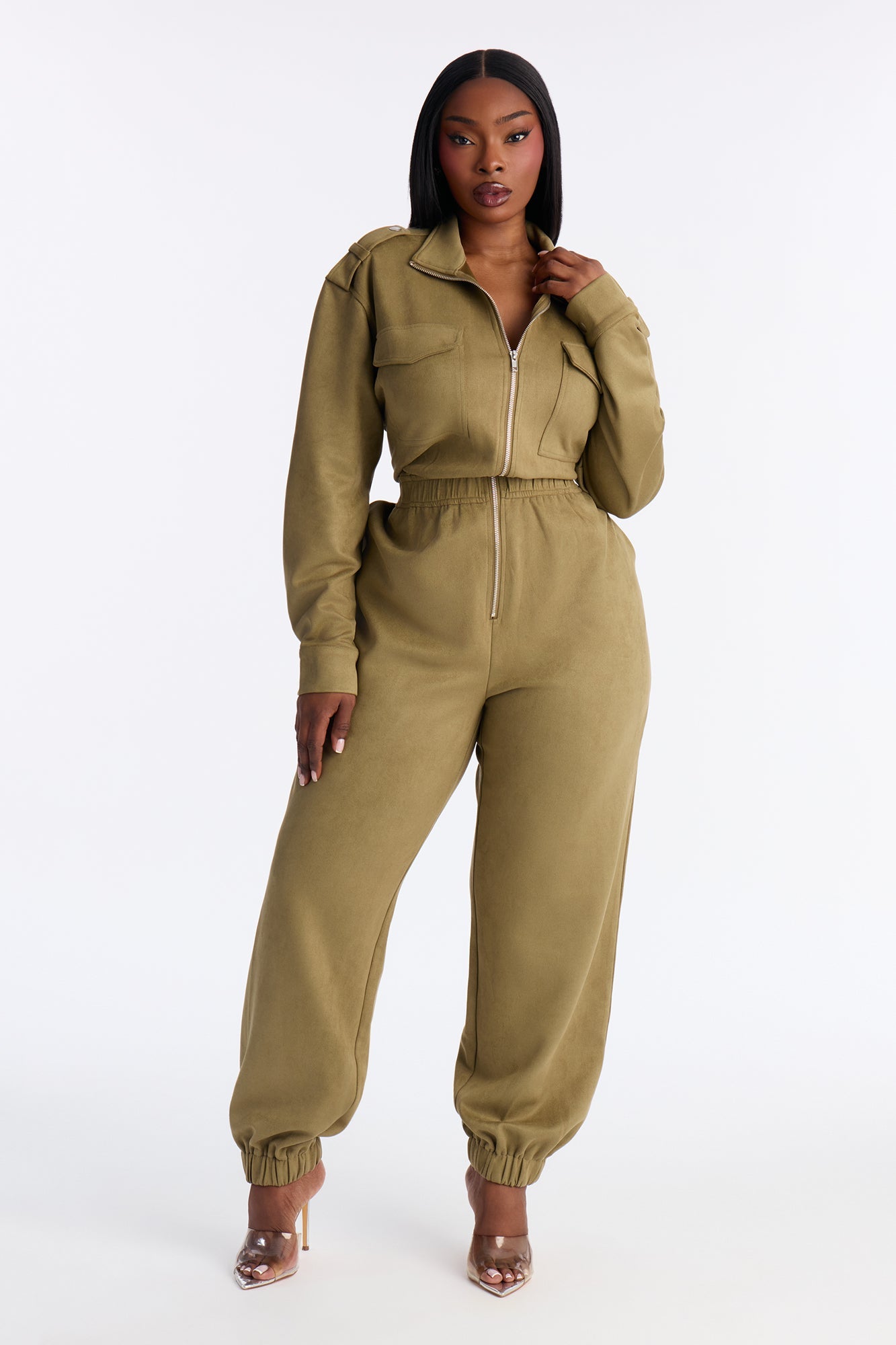 Sofia Suede Long Sleeve Cargo Jogger Jumpsuit - Olive