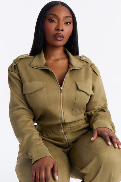 Sofia Suede Long Sleeve Cargo Jogger Jumpsuit - Olive