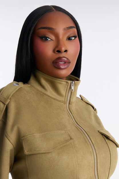 Sofia Suede Long Sleeve Cargo Jogger Jumpsuit - Olive