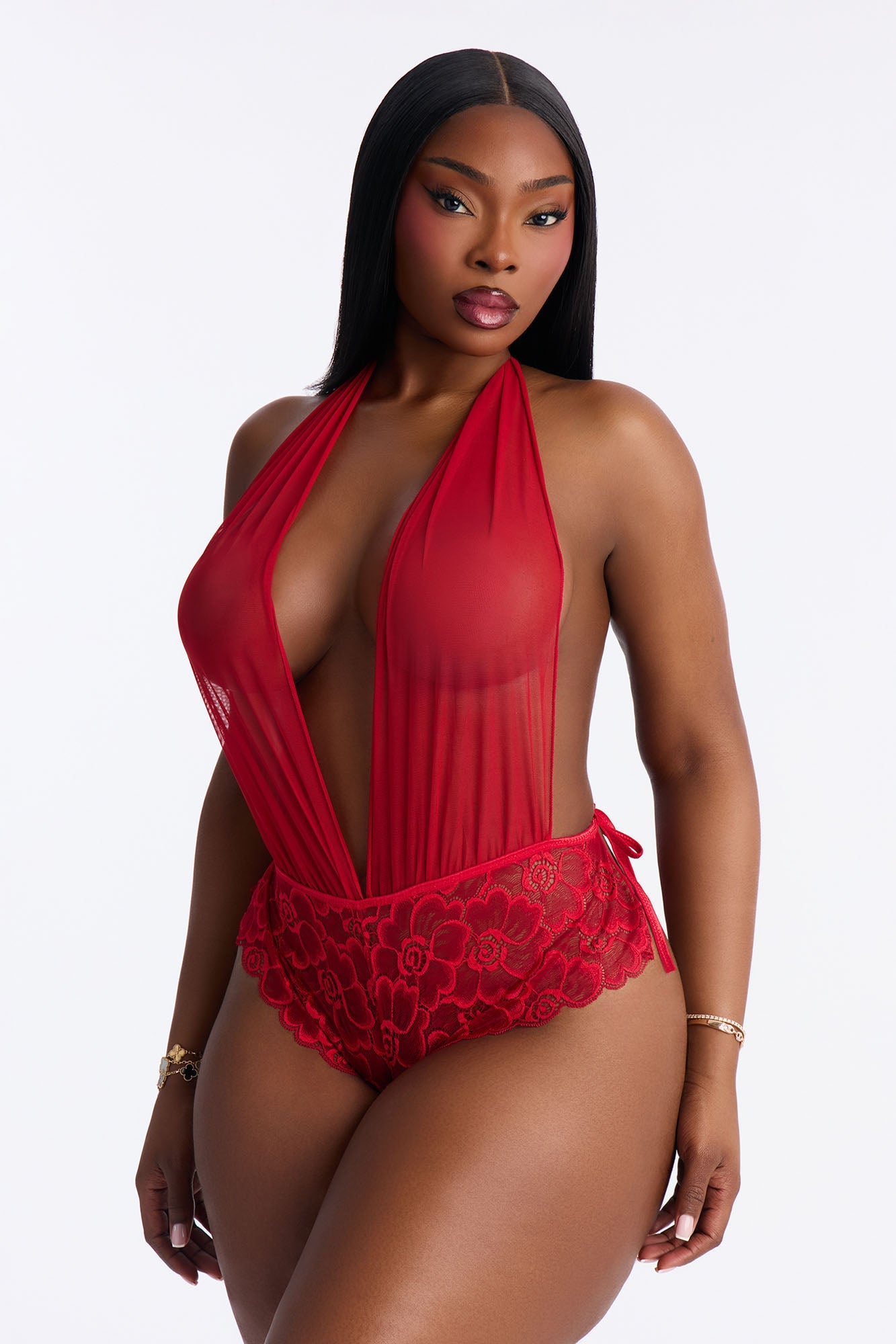 Sheer Silence Mesh Lace Teddy - Red