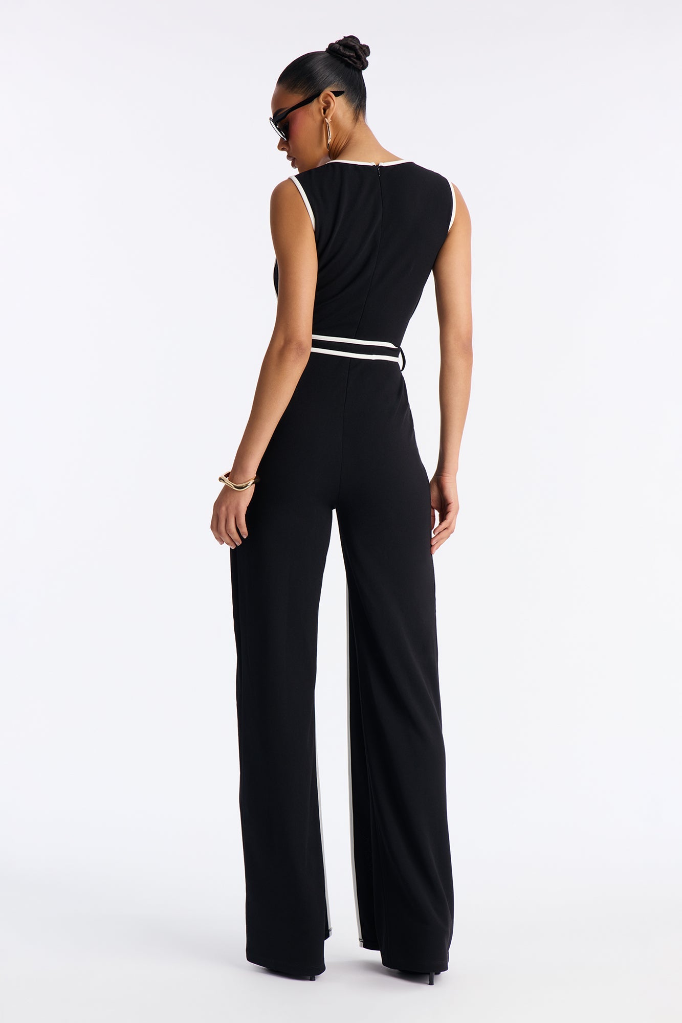 Amalie Tie Belt Wide Leg Jumpsuit - Black/White